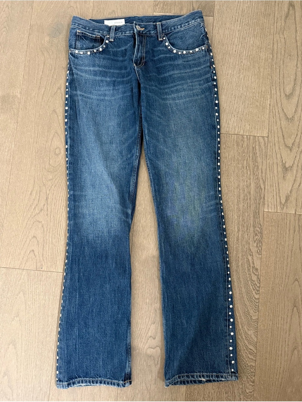 Zara Blue Pearl Studded Straight Leg Jeans Size 4